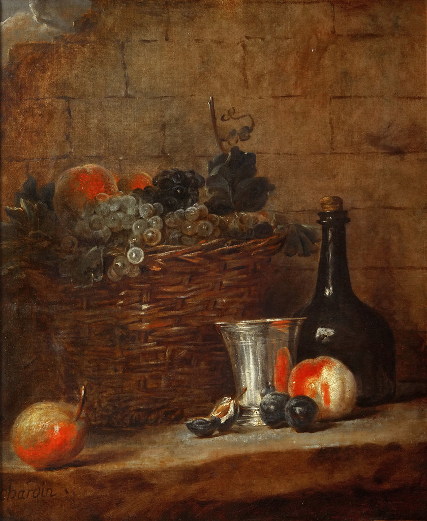 Detail of Fruit Basket with Grapes, a Silver Goblet and a Bottle, Peaches, Plums, and a Pear by Jean-Baptiste Siméon Chardin