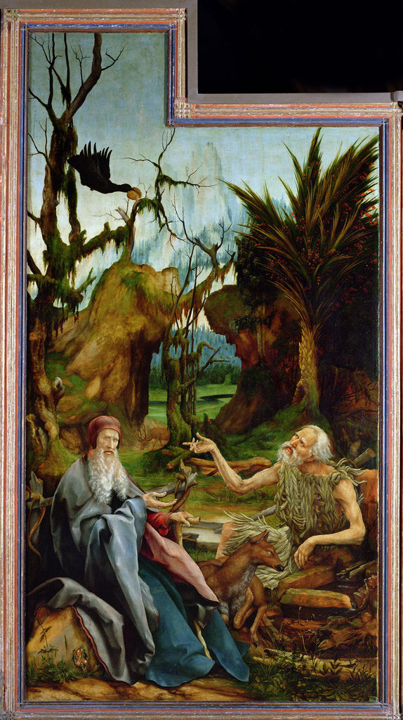 Detail of The Isenheim Altarpiece. Left wing: Meeting of Saint Anthony and Saint Paul the Anchorite in the Des by Matthias Grünewald