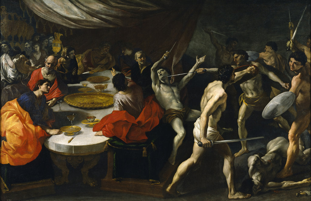 Detail of Gladiator fights at a Banquet by Giovanni Lanfranco