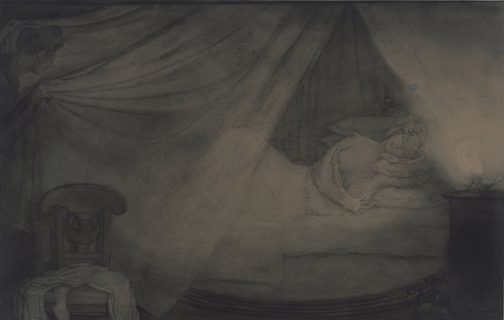 Detail of In the bed-room. Illustration for the poem Count Nulin by A. Pushkin by Konstantin Andreyevich Somov