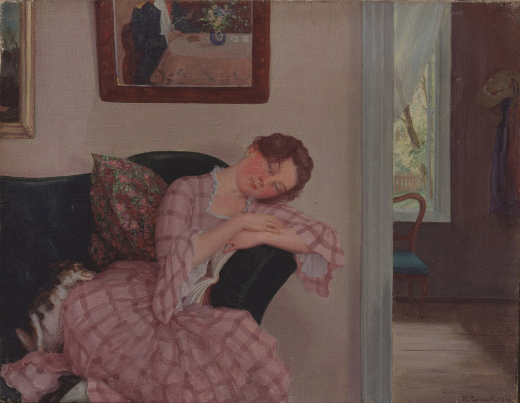 Detail of A sleeping Lady in Pink by Konstantin Andreyevich Somov