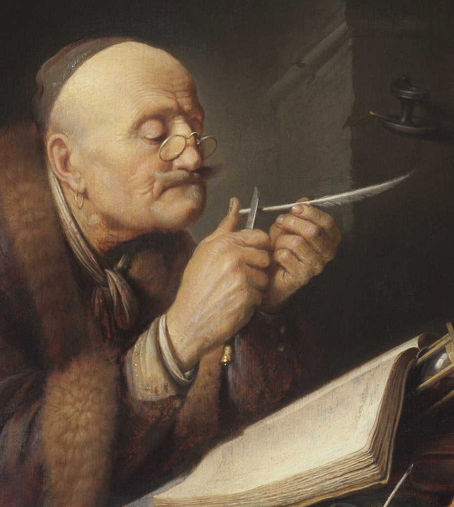 Detail of Scholar sharpening a quill pen by Gerard Dou