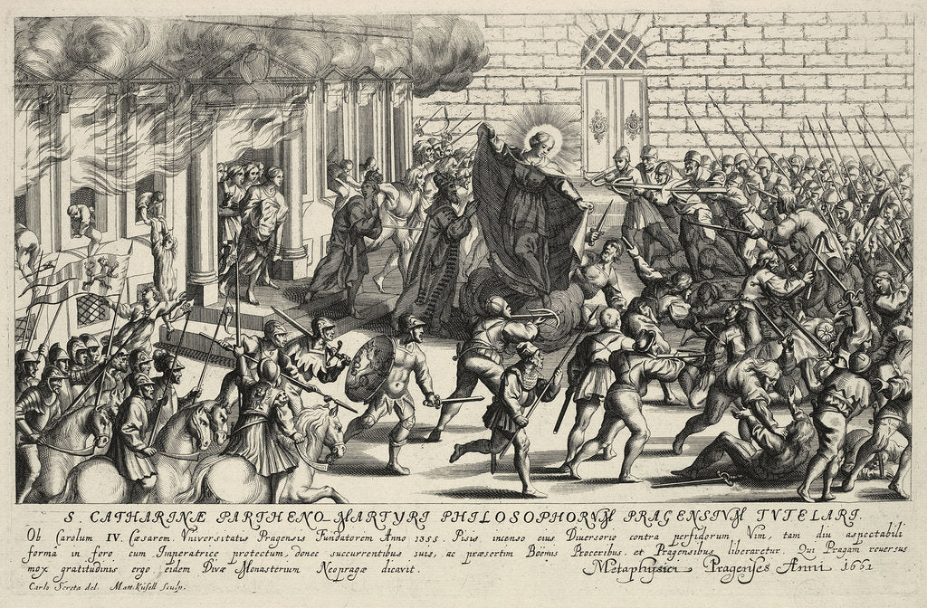 Detail of Saint Catherine protects Charles IV during the Pisan popular revolt in May 1355 by Matthäus Küsel