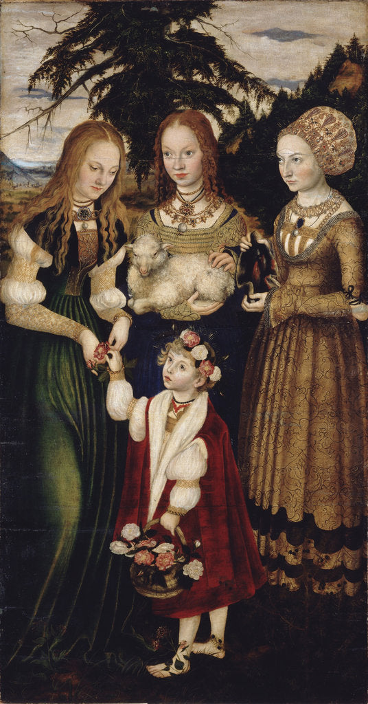 Detail of Altarpiece with the Martyrdom of Saint Catharine, left wing: The Saints Dorothea, Agnes and Cunigund by Lucas Cranach the Elder