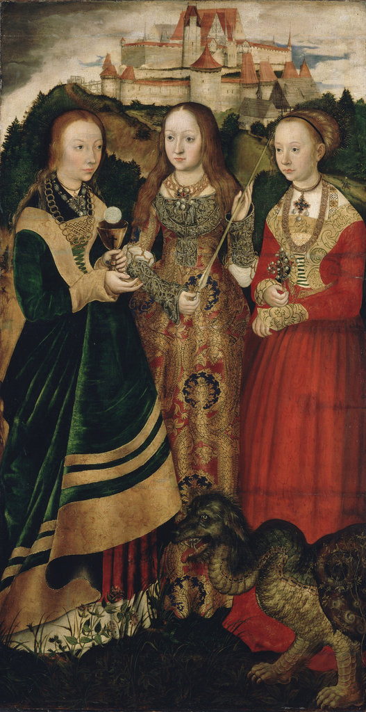 Detail of Altarpiece with the Martyrdom of Saint Catharine, right wing: The Saint Barbara, Ursula and Margaret by Lucas Cranach the Elder