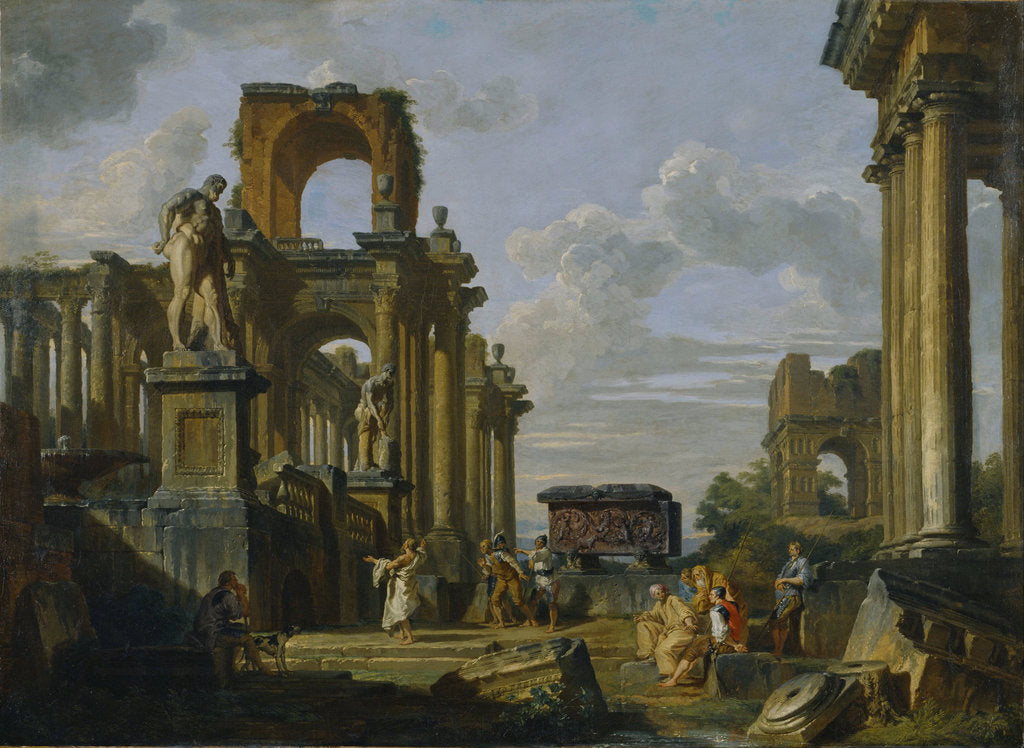 Detail of Architectural Capriccio of the Roman Forum with Philosophers and Soldiers among Ancient Ruins by Giovanni Paolo Panini