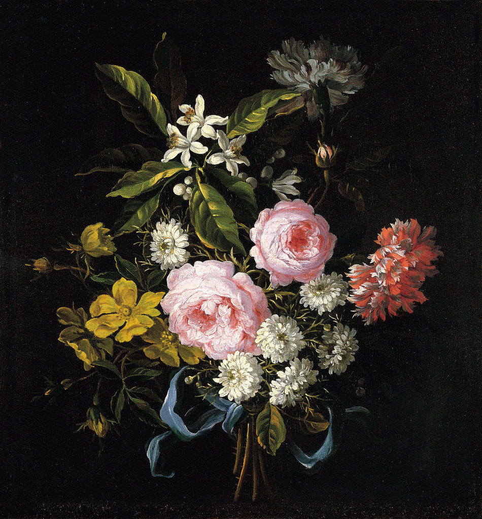 Detail of Bouquet of Chamomile, Roses, Orange Blossom and Carnations Tied with a Blue Ribbon by Jean-Baptiste Monnoyer