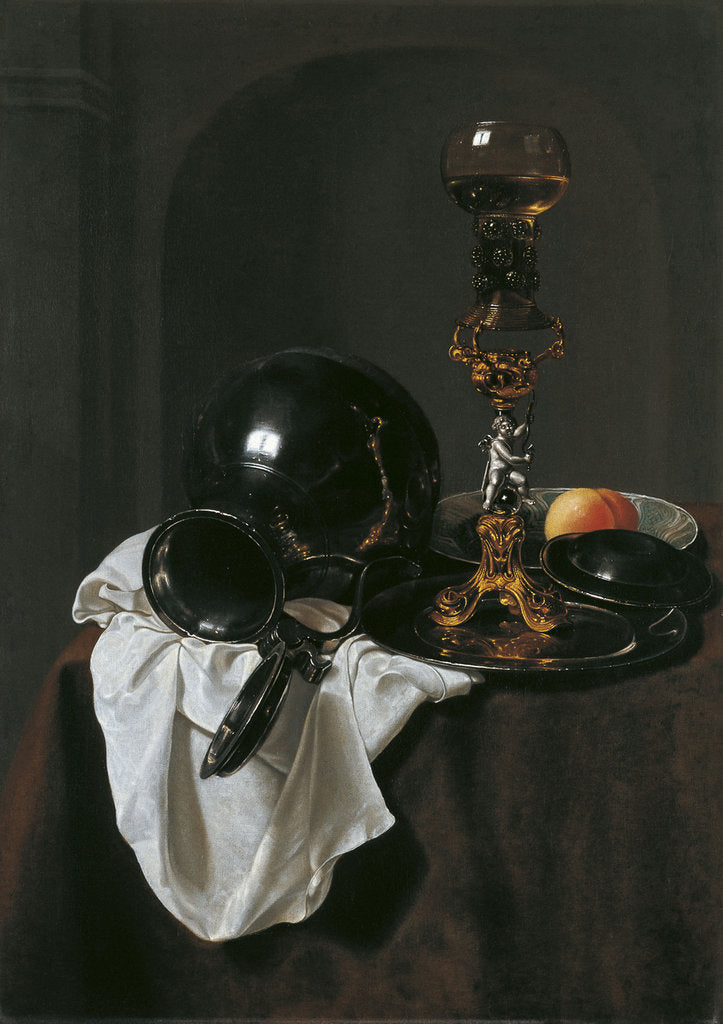 Detail of Still Life with glass of wine and pewter jug by Jan Jansz. Treck