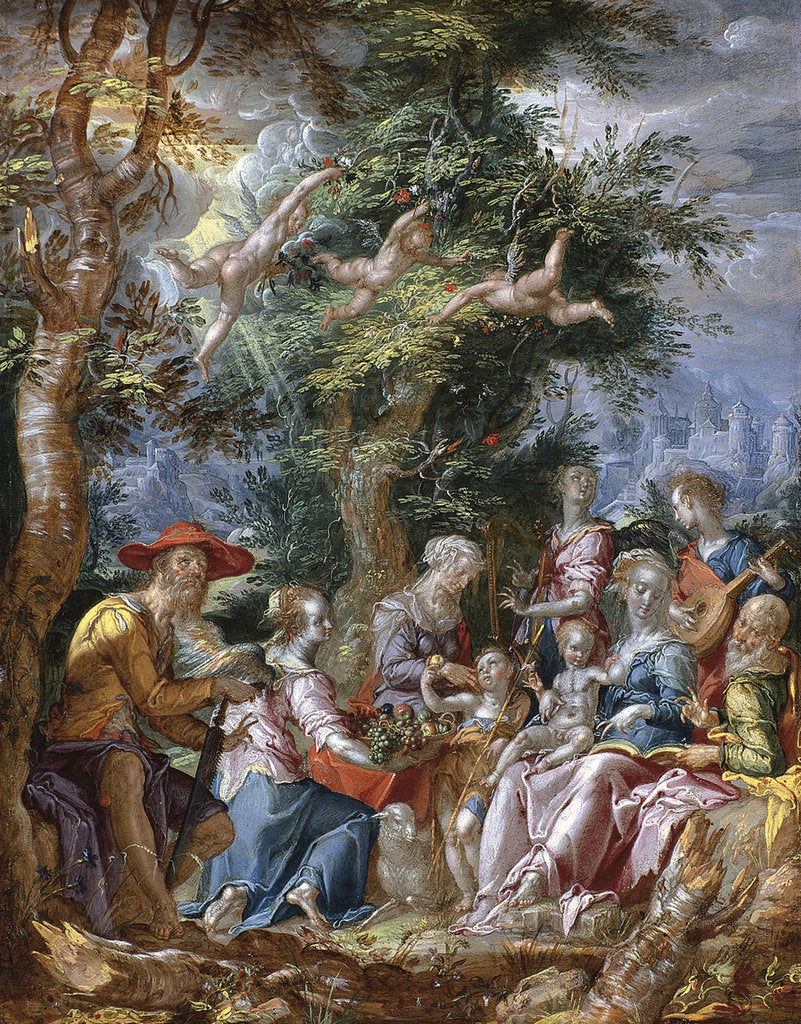 Detail of The Holy Family with Saints and Angels by Joachim Wtewael