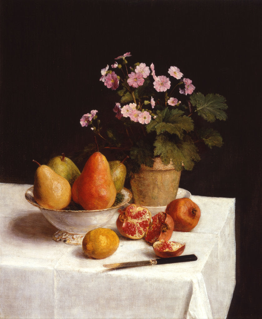 Detail of Still life with primroses and pears by Henri Fantin-Latour