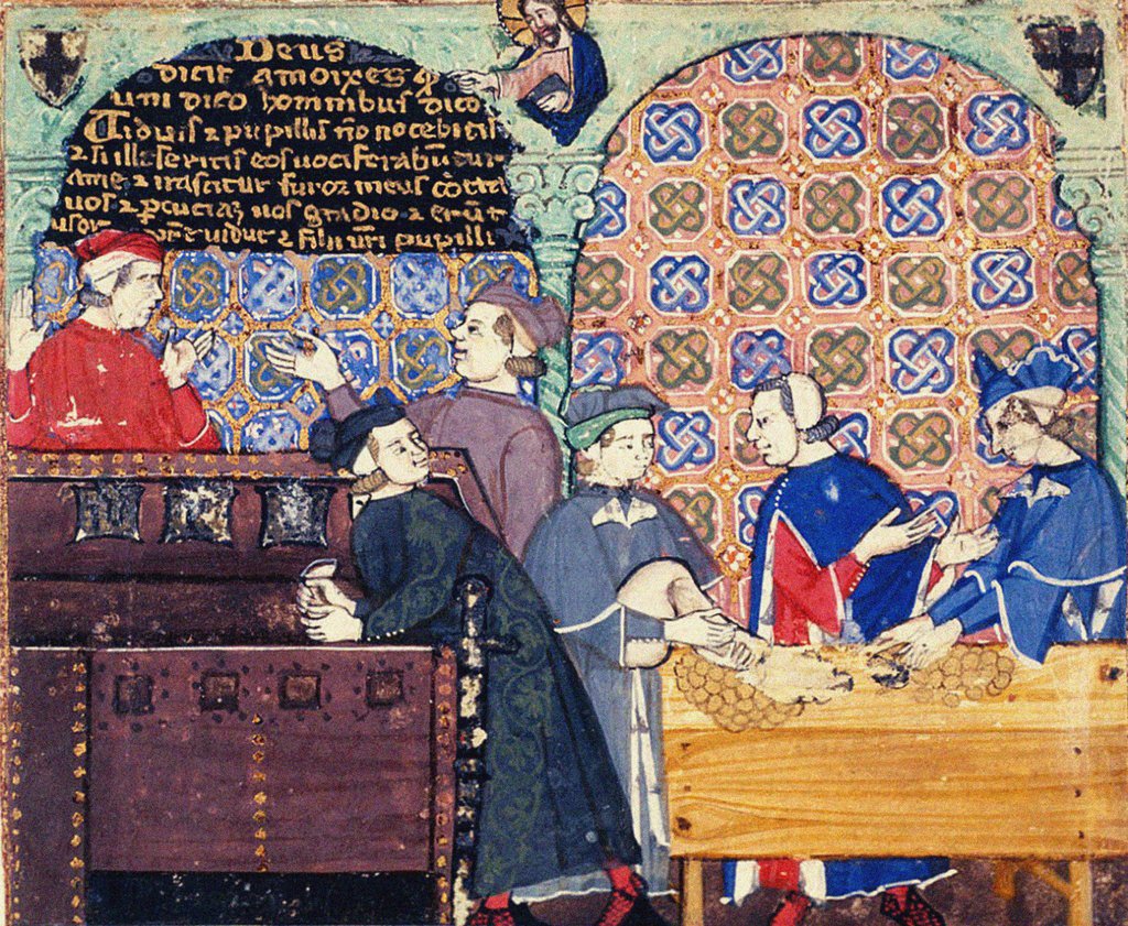 Detail of Avarice. A miniature with scenes of banking by Master of the Cocharelli Codex