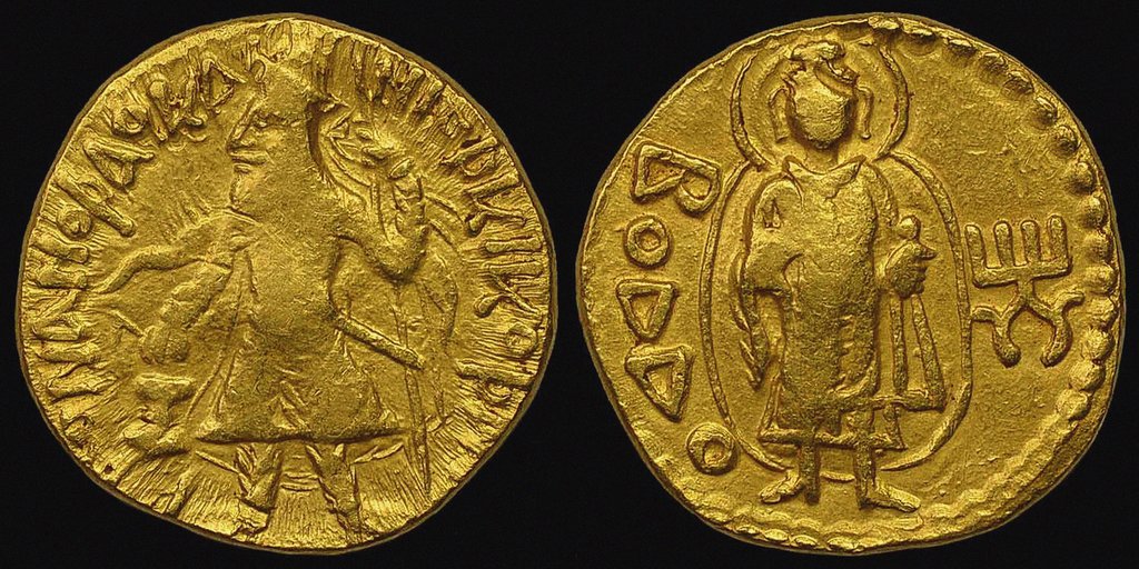 Detail of Gold Coin, Kushan. Obverse: Kanishka I. Reverse: in Bactrian script Buddha (boddo) by Ancient Coins Numismatic
