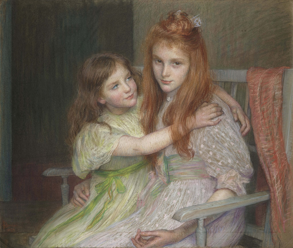 Detail of Two girls sitting on a bench by Louise-Cathérine Breslau