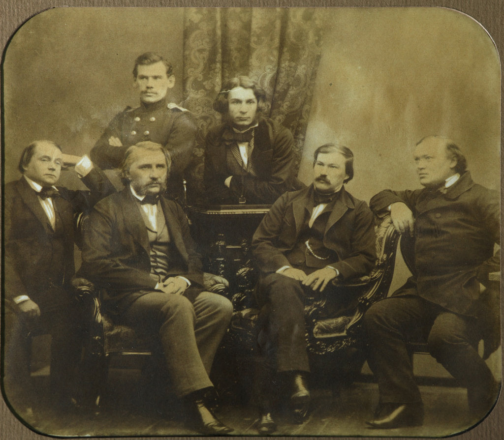Detail of Sovremennik: Ivan Goncharov, Ivan Turgenev, Leo Tolstoy, Dmitri Grigorovich, Alexander Druzhinin and by Sergei Lvovich Levitsky