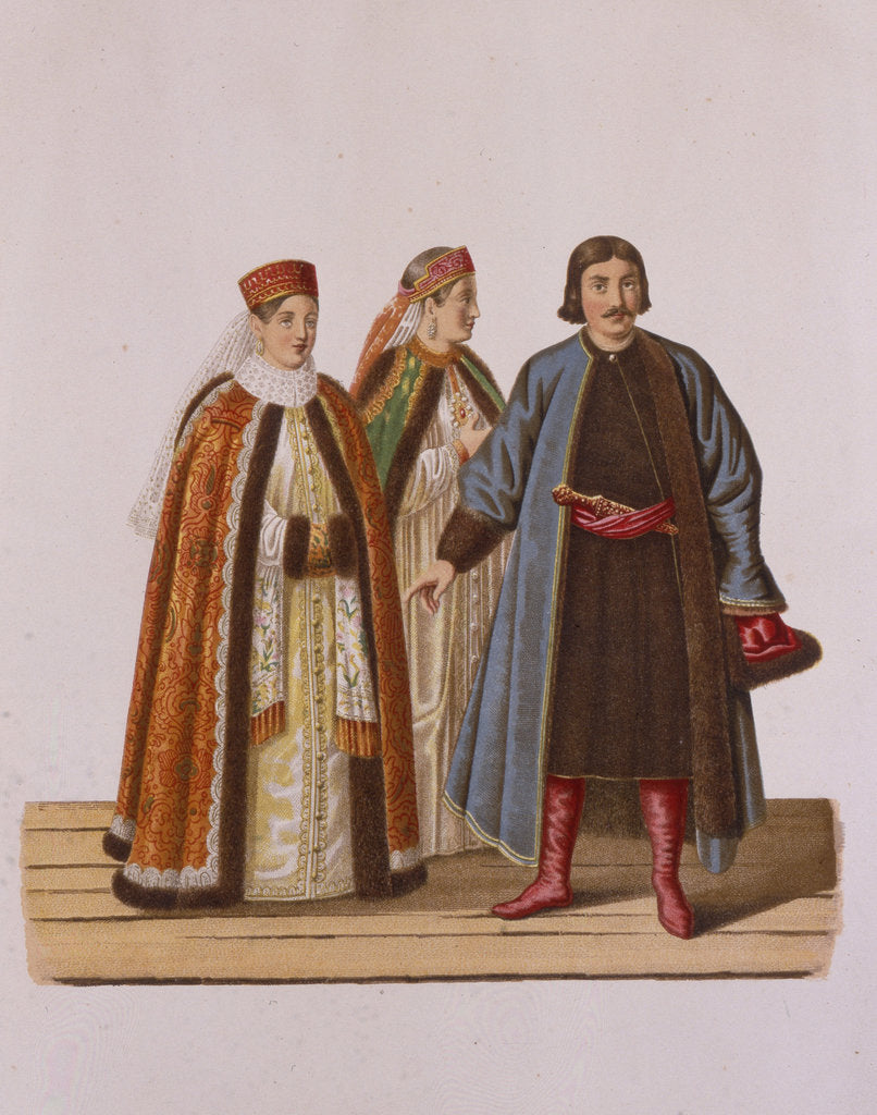 Detail of Clothing of the unmarried Boyars daughters at the Time of Peter I by Fyodor Grigoryevich Solntsev