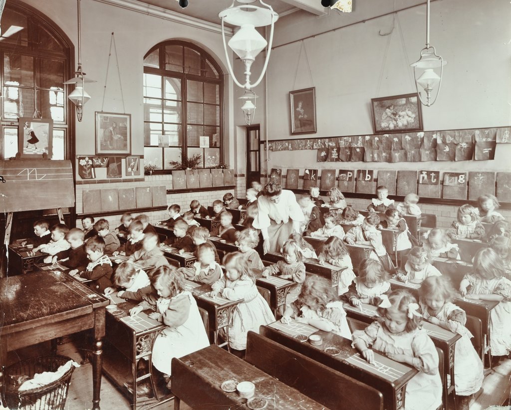 Detail of Writing lesson, Hugh Myddelton School, Finsbury, London, 1906 by Unknown