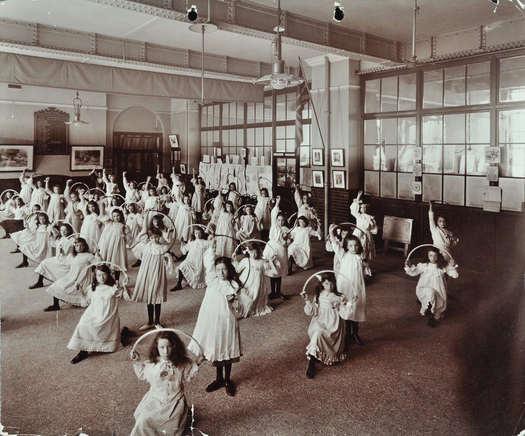 Detail of Girls with hoops, Lavender Hill Girls School, Bermondsey, London, 1906 by Unknown