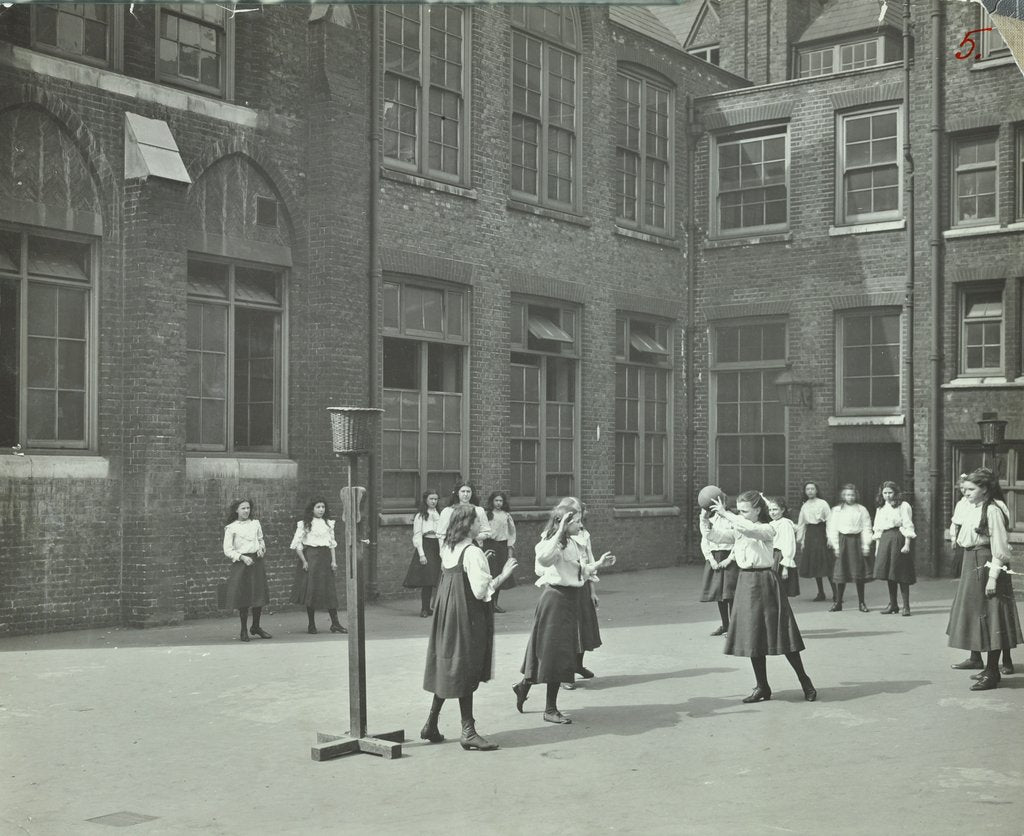 Detail of Girls playing netball in the playground, William Street Girls School, London, 1908 by Unknown