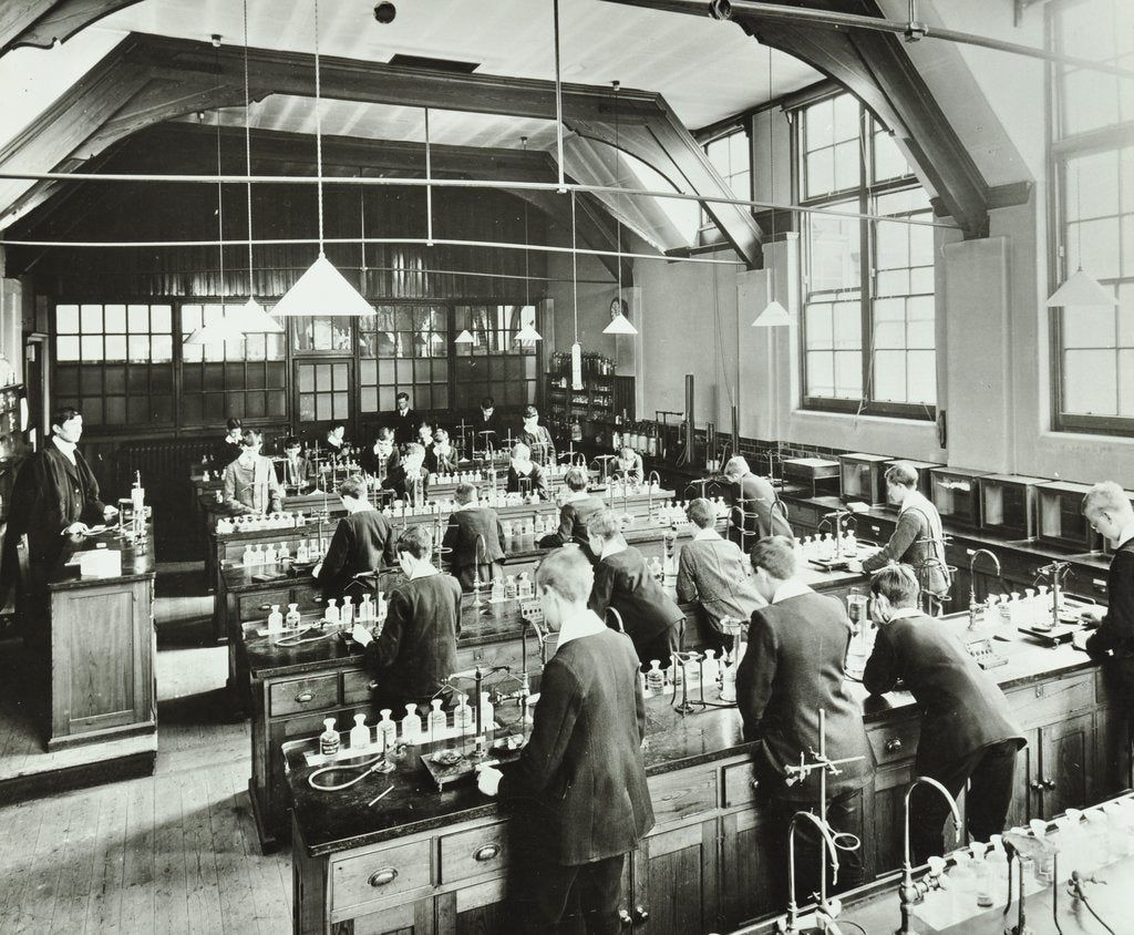 Detail of Boys in a chemistry laboratory, Hackney Downs School, London, 1911 by Unknown