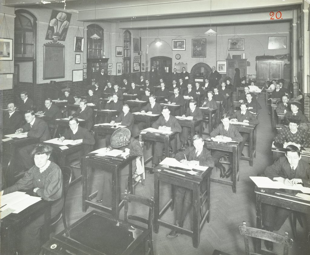 Detail of Examination class for male and female students, Queen's Road Evening Institute, London, 1908 by Unknown