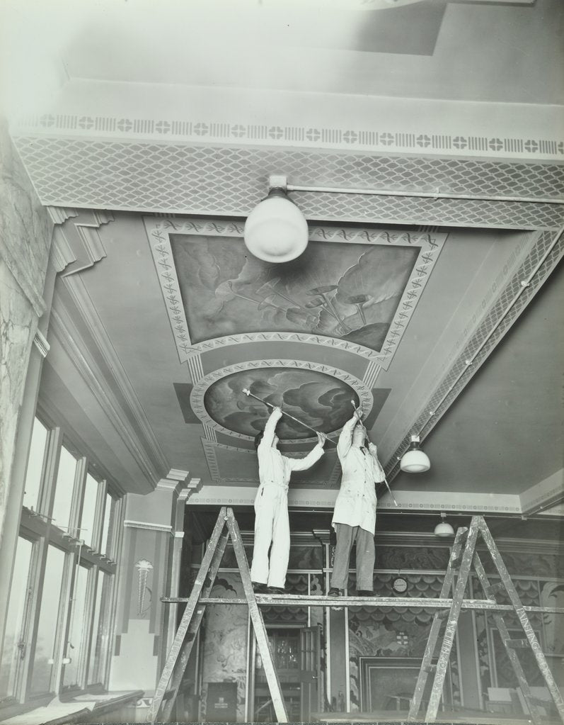 Detail of Students painting a design on the ceiling, School of Building, Brixton, London, 1939 by Unknown
