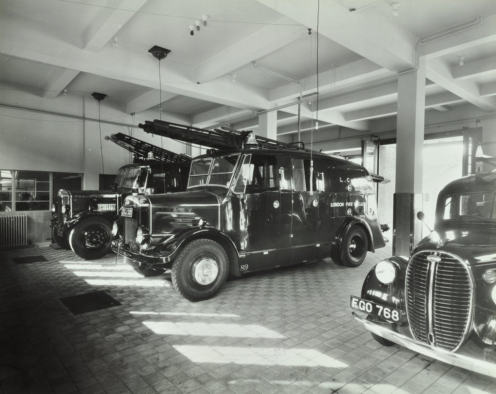 Detail of Fire engines at Battersea Fire Station, Este Road, Battersea, London, 1938 by Unknown