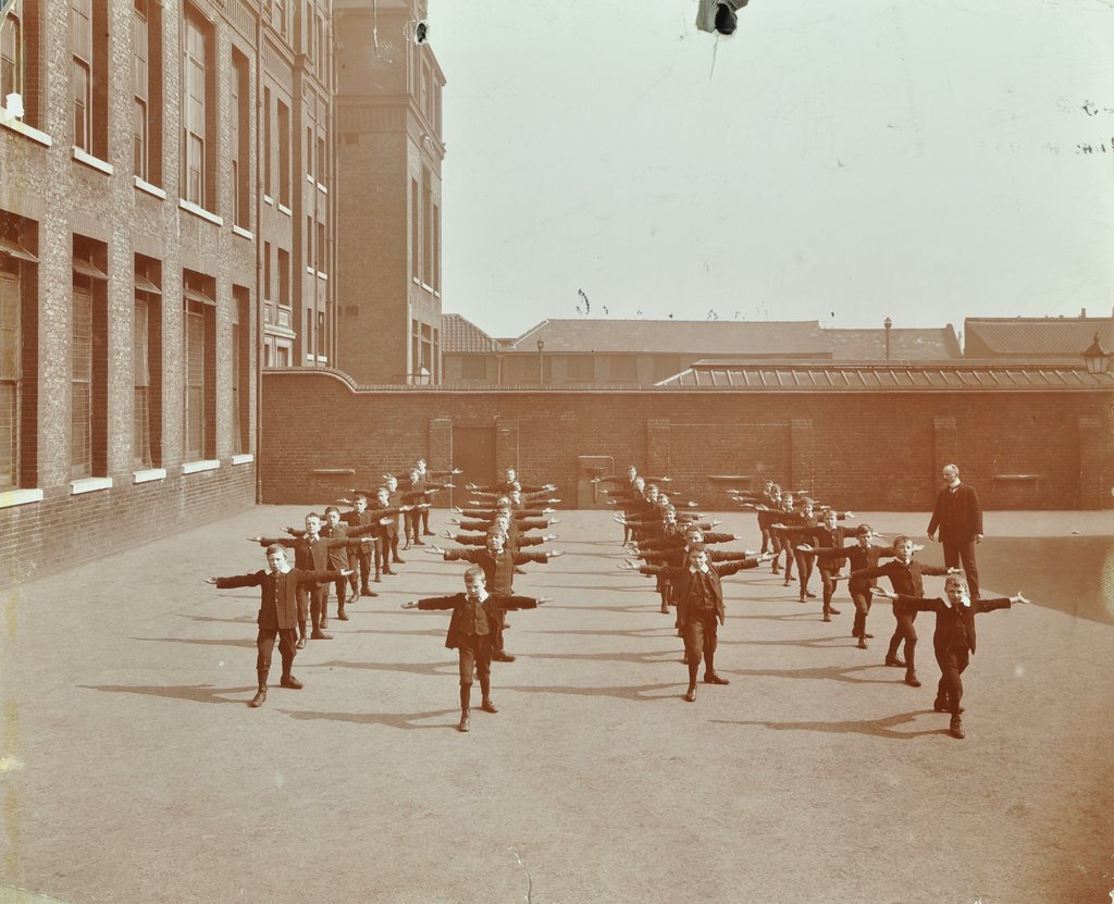 Detail of Drill in playground, Alma Boys School, Bermondsey, London, 1908 by Unknown