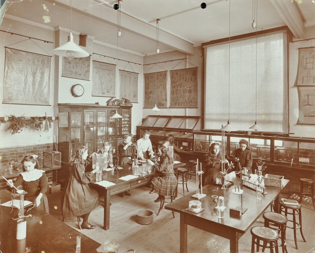 Detail of Science class, Aristotle Road Girls School, Clapham, London, 1908 by Unknown