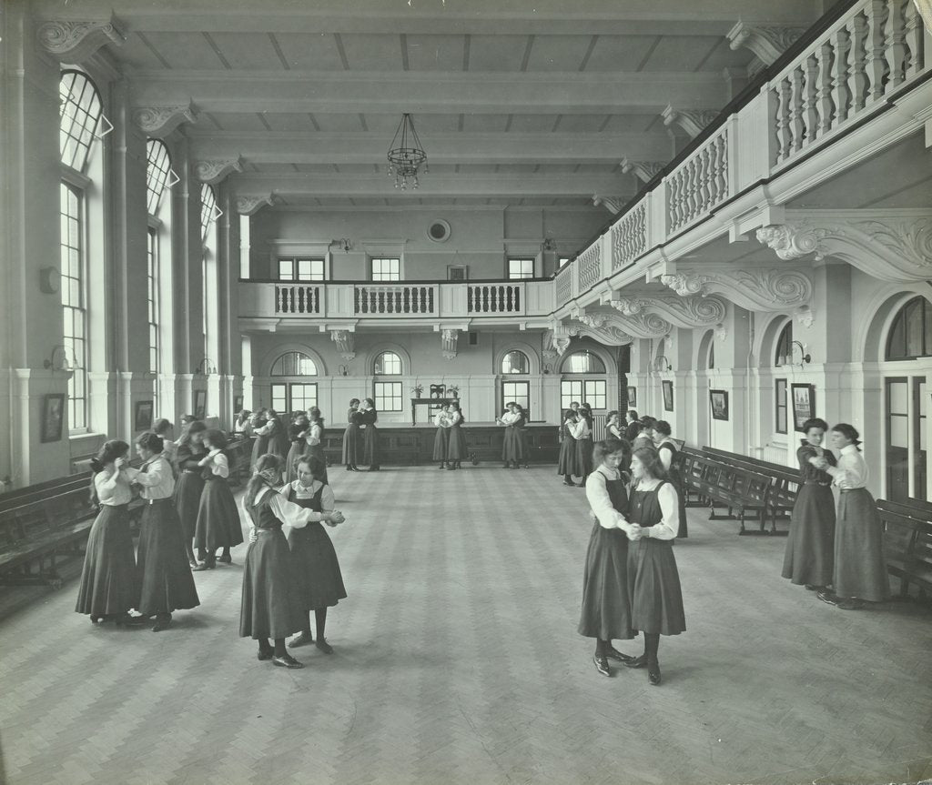Detail of Girls dancing in the assembly hall, Clapham Secondary School, London, 1910 by Unknown