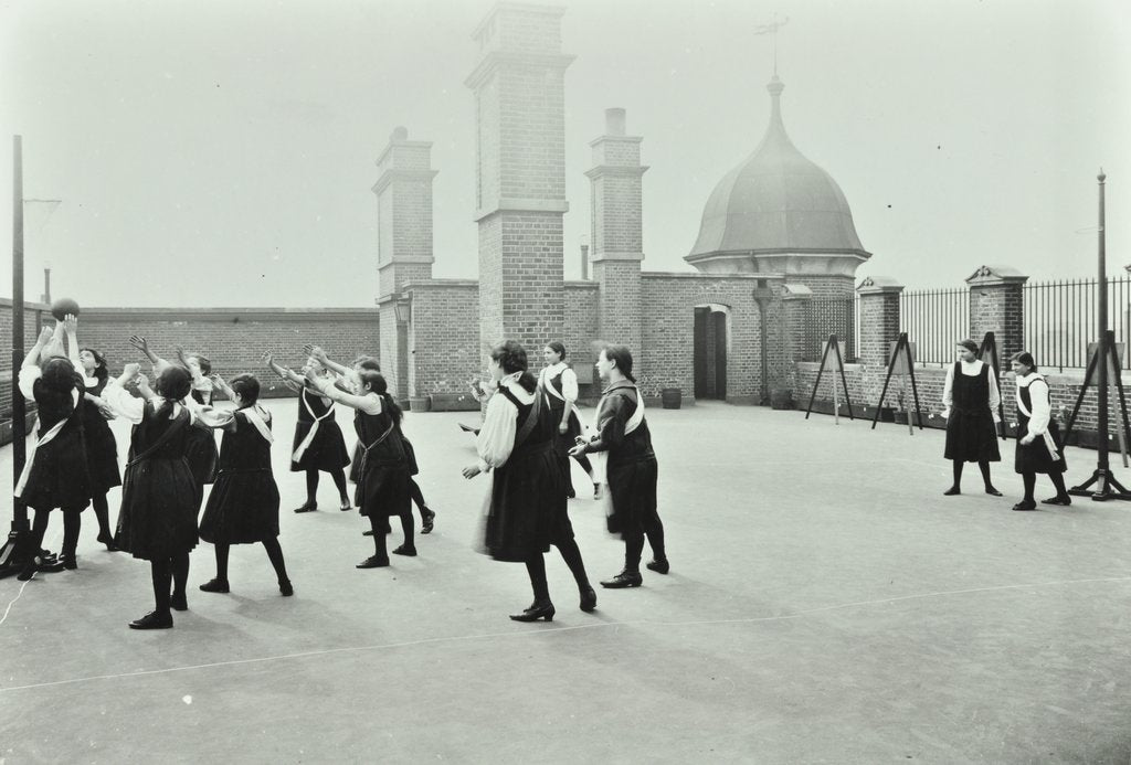 Detail of Playing netball, Myrdle Street Girls School, Stepney, London, 1908 by Unknown