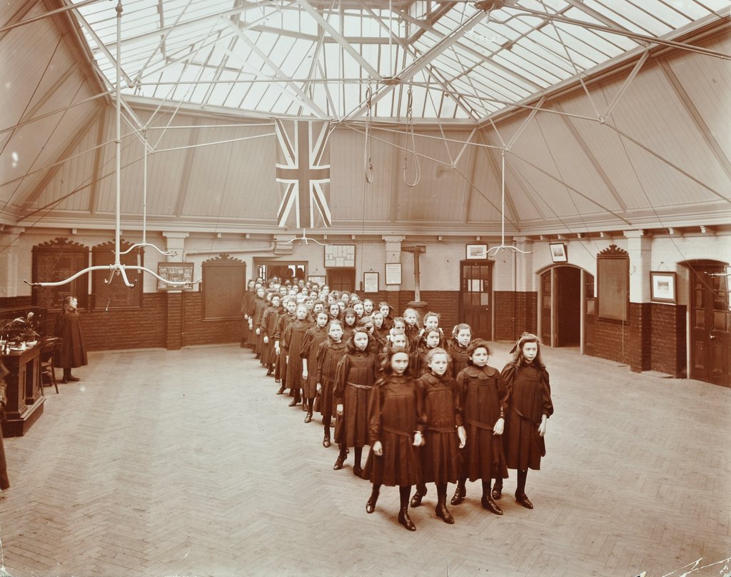 Detail of Girls returning from play, Thomas Street Girls School, Limehouse, Stepney, London, 1908 by Unknown