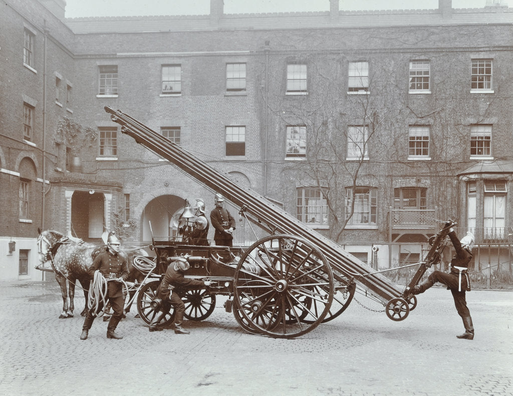 Detail of Firemen demonstrating a horse-drawm escape vehicle, London Fire Brigade Headquarters, London, 1910 by Unknown