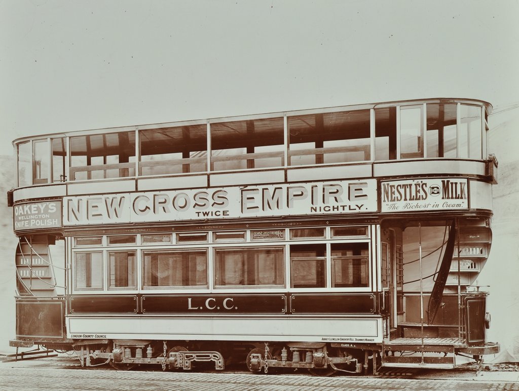 Detail of Double-decker electric tram with advertisement for the New Cross Empire, 1907 by Unknown