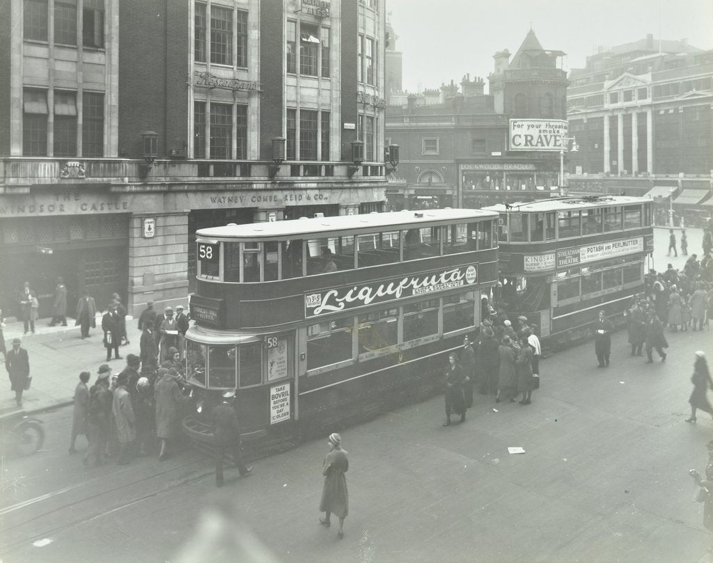 Detail of Electric trams at Victoria Terminus, London, 1932 by Unknown