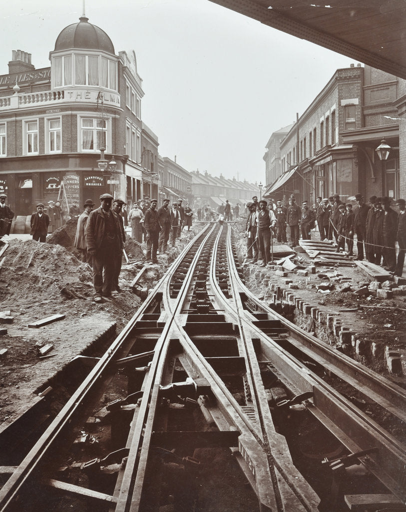 Detail of Men working on tramline electricification, Wandsworth, London, 1906 by Unknown