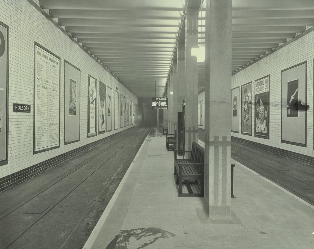Detail of Platform with advertising posters, Holborn Underground Tram Station, London, 1931 by Unknown