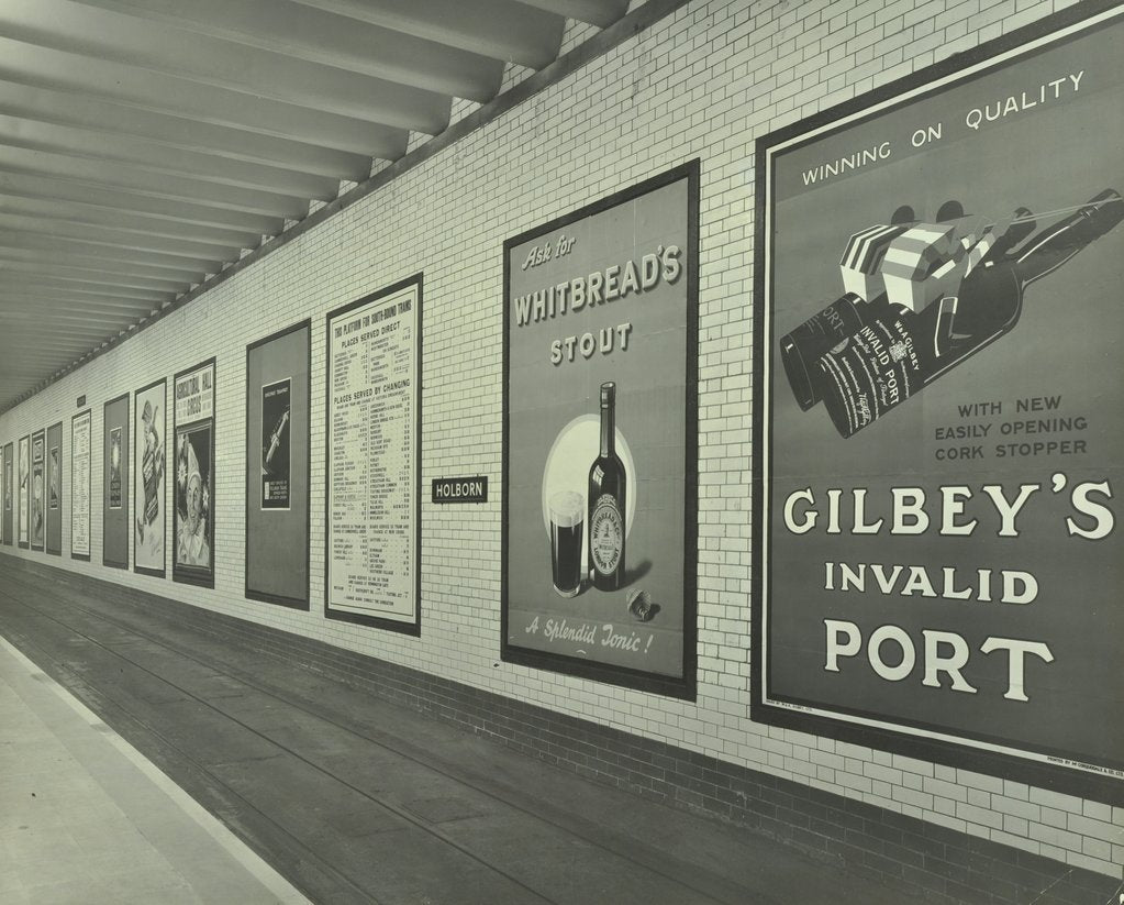Detail of Advertisements for beer and port, Holborn Underground Tram Station, London, 1931 by Unknown