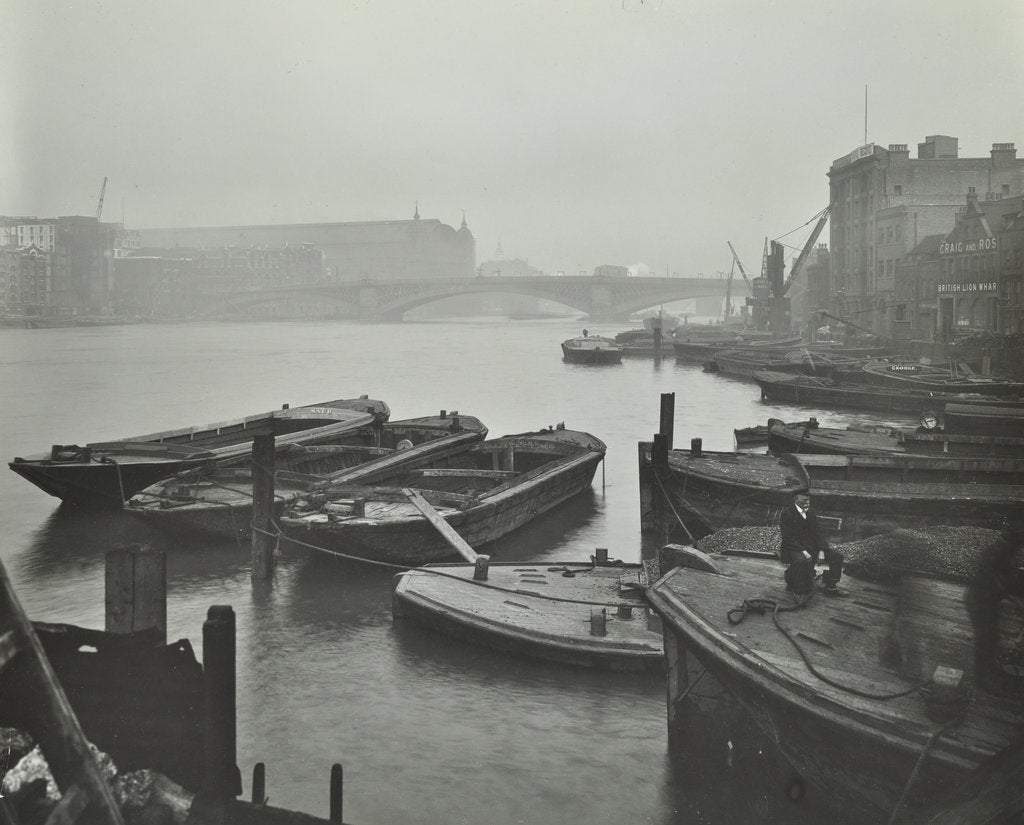 Detail of Barges moored at Bankside wharves looking downstream, London, 1913 by Unknown