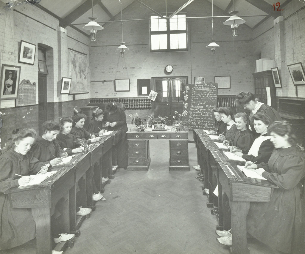 Detail of Language lesson on daffodils at Oak Lodge School for Deaf Girls, London, 1908 by Unknown