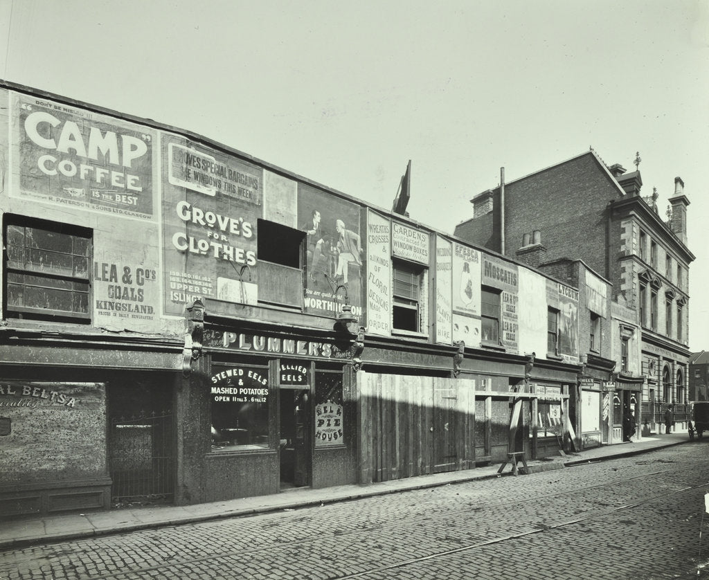 Detail of Row of shops with advertising hoardings, Balls Pond Road, Hackney, London, September 1913 by Unknown