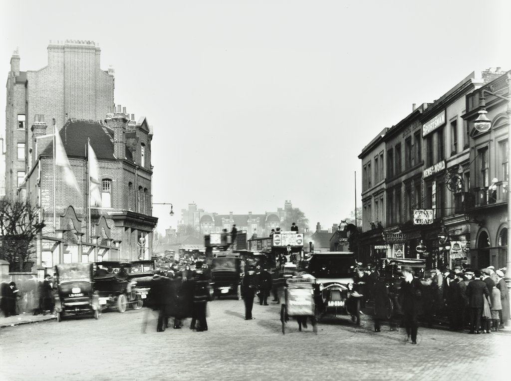 Detail of Busy street by Stamford Bridge Stadium, (Chelsea Football Ground), Fulham, London, 1912 by Unknown
