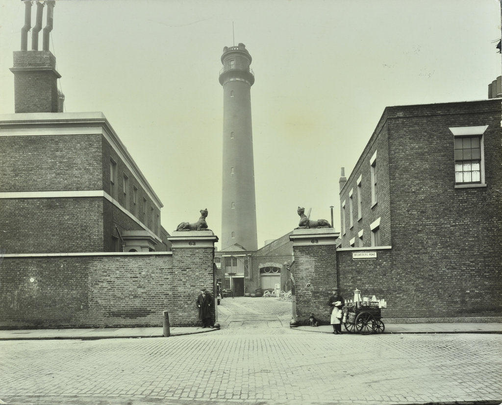 Detail of Shot Tower, gates with sphinxes, and milk cart, Belvedere Road, Lambeth, London, 1930 by Unknown
