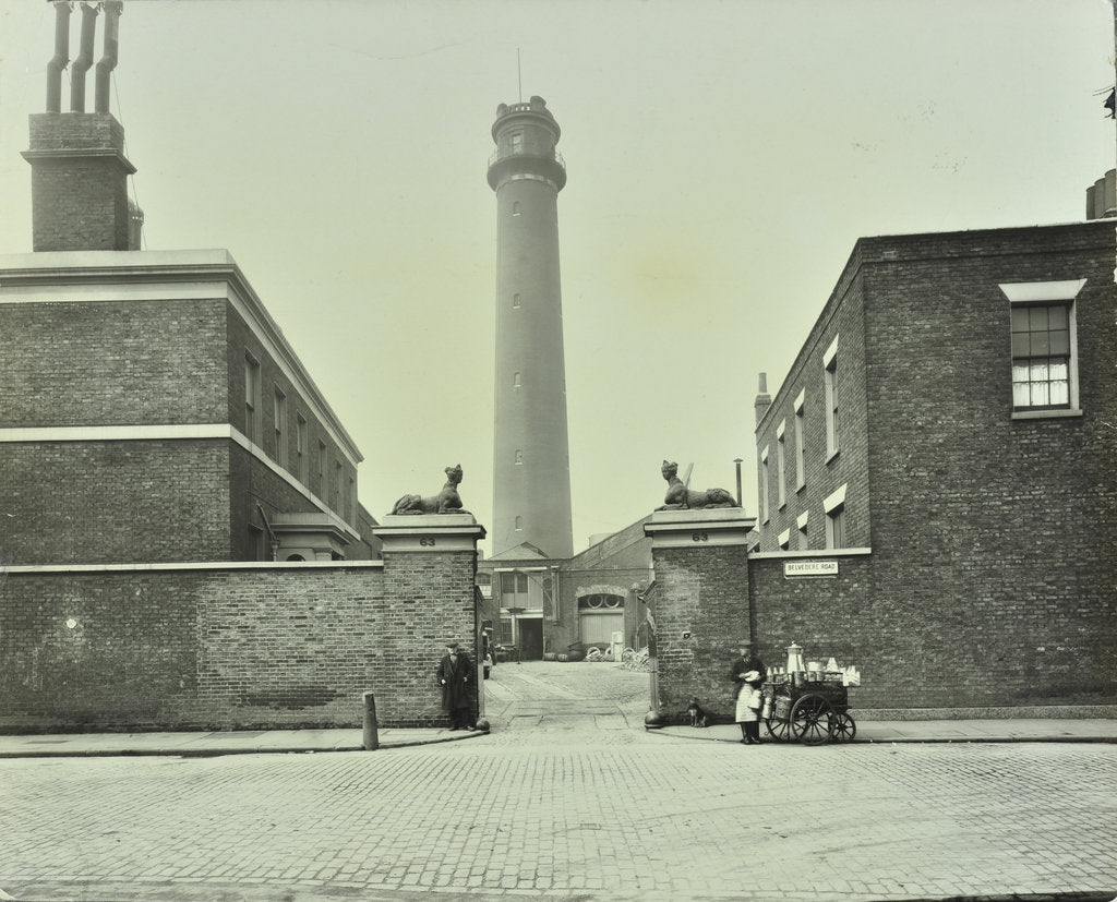 Detail of Shot Tower, gates with sphinxes, and milk cart, Belvedere Road, Lambeth, London, 1930 by Unknown