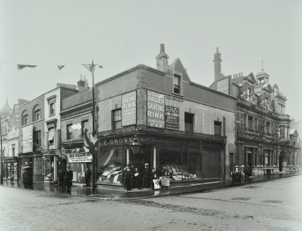 Detail of Shops and sign to Putney Roller Skating Rink, Putney Bridge Road, London, 1911 by Unknown