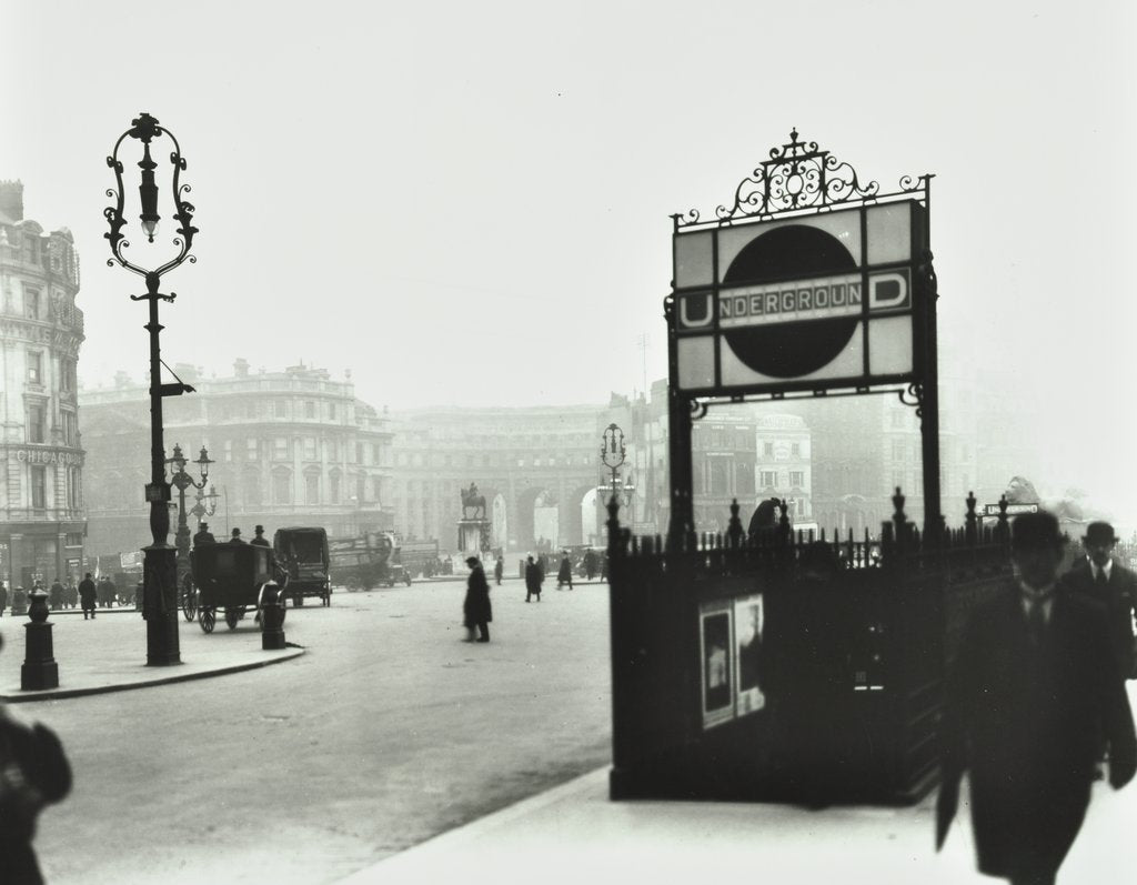 Detail of Trafalgar Square with Underground entrance and Admiralty Arch behind, London, 1913 by Unknown