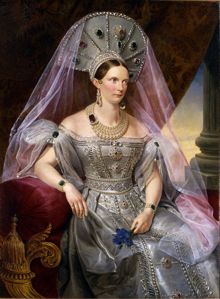 Detail of Portrait of Empress Alexandra Fyodorovna (Charlotte of Prussia), in kokoshnik, ca 1836 by Franz Krüger