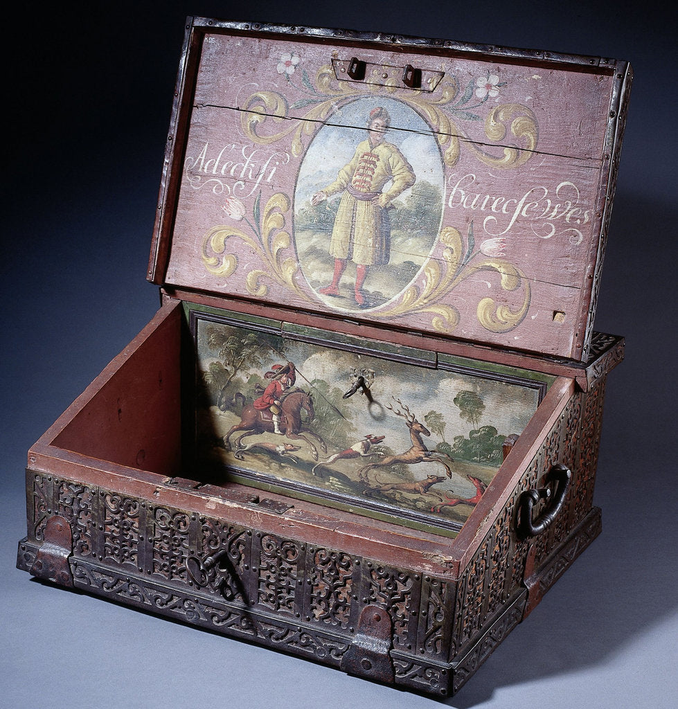 Detail of Wooden cash (or writing) box with poptrait of Peter the Greats son, ca. 1695 by Anonymous master
