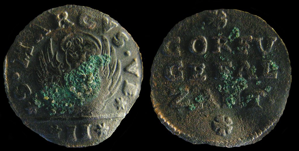 Detail of Venetian colonial gazzetta (coin) of the Ionian Islands. (A gazzetta = 2 soldi), 1710-1724 by West European Coins Numismatic