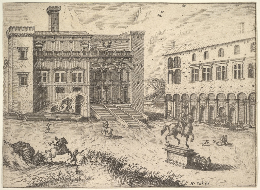 Detail of View of the Campidoglio on the Capitoline Hill, from the series Operum antiquorum romanorum, 1562 by Joannes van Doetecum
