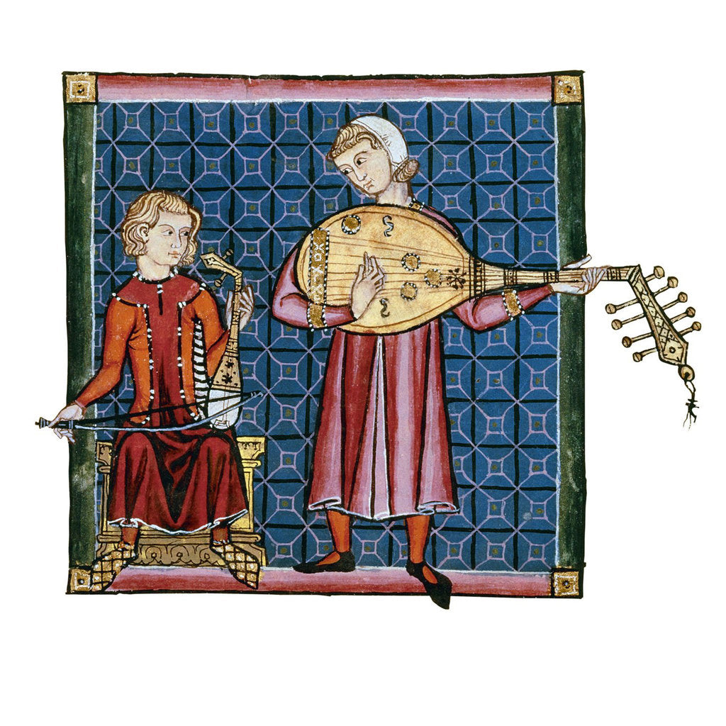 Detail of Two minstrels. Illustration from the codex of the Cantigas de Santa Maria, c. 1280 by Anonymous
